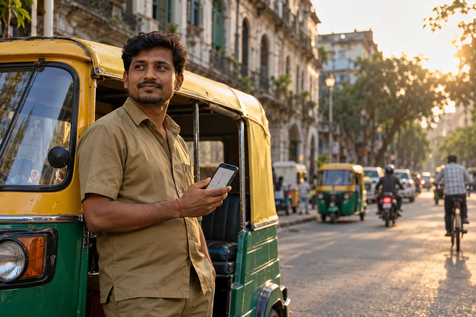 Kolkata auto driver ready to navigate to a pickup