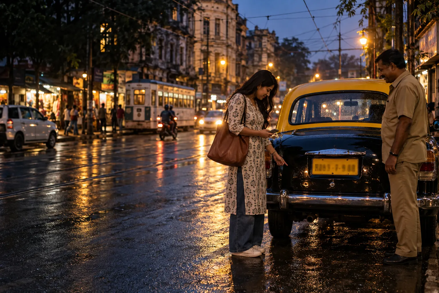 Passenger checking a Kolkata cab's number plate while the driver waits